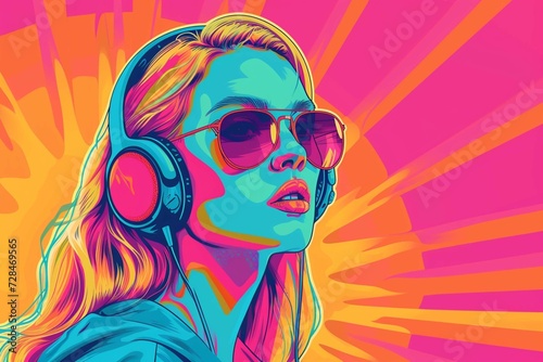 Pop art retro style pretty blonde young woman wearing headphones and sunglasses on vibrant colorful background. photo