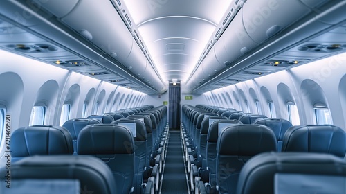 Airplane cabin and aisle with empty comfortable seats in economy class inside of plane