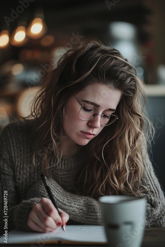 Portrait of a beautiful young woman writing in a notebook while sitting in a cafe, capturing the introspective nature of diary entries.