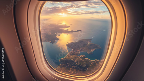 Airplane window. View of horizon and clouds. Flight travel concept