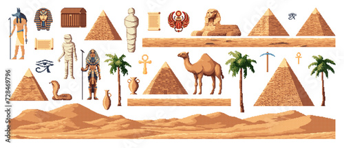 Retro 8 bit pixel art Egypt arcade game assets, pyramids and gods, vector elements. Egypt mummy and sand, palms and sphinx with scarab and cobra or Ancient Egyptian symbols for 8bit arcade video game