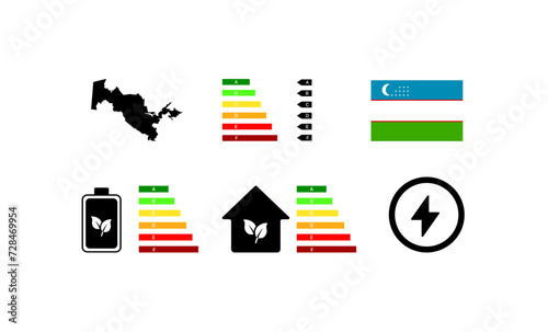 Letter rating icon. National flag of Uzbekistan. Battery, house and lightning icon. Flat style