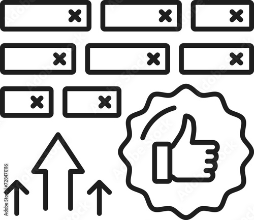 Keywords. SEM. Search engine marketing. SEM performance, online campaign or search engine marketing service outline vector sign, social media ads analytics thin line pictogram or icon with thumb up