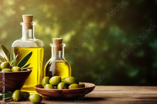 olive oil glass bottle with green olives and leaves background with copy space 