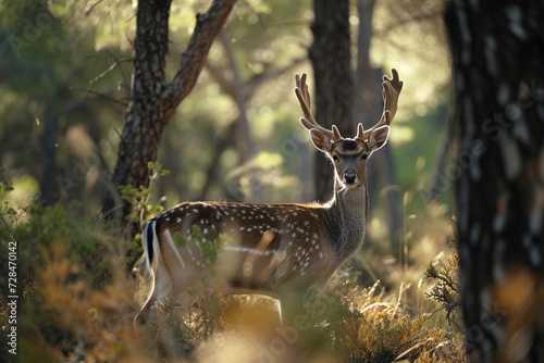 A majestic fallow deer stands alert in a tranquil, sunlit forest setting.