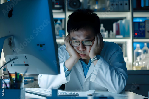 illustration of Asian scientist stressed working on laptop in office. Experiment new medicine. 