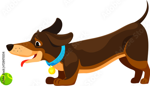 Cartoon dachshund dog puppy character chasing and fetching a bright, bouncy tennis ball. Isolated vector playful pet with a wagging tail and lively expression, playing games with enthusiasm and joy