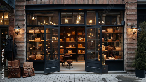 A high-end leather goods store with a rustic, brick facade and vintage-style lanterns 