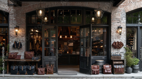 A high-end leather goods store with a rustic  brick facade and vintage-style lanterns 