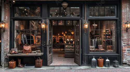 A high-end leather goods store with a rustic, brick facade and vintage-style lanterns  © IBRAHEEM'S AI