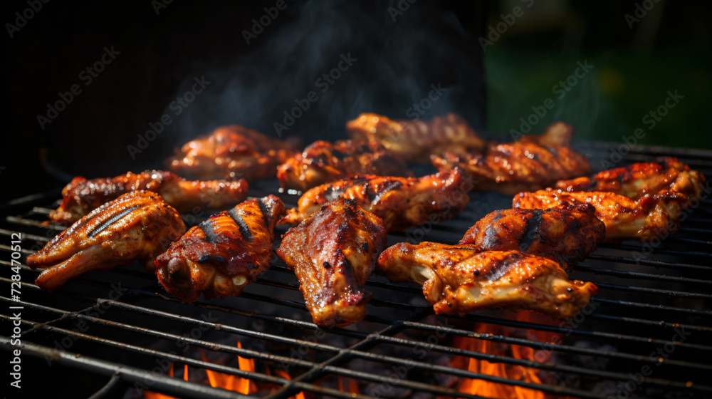 Grilled chicken wings on grill