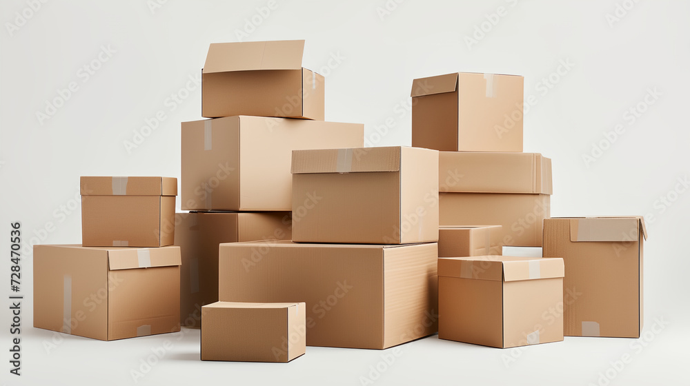 Brown cardboard boxes stacked on each other. Front view. Shopping delivery concept