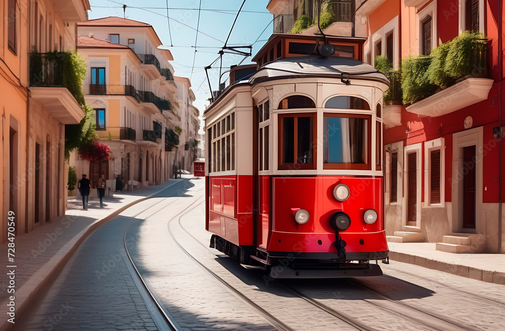 Tourist vintage red tram on the street on a sunny day, narrow streets, winding road, vacation, travel, tourism. Made with the help of artificial intelligence. High quality photos