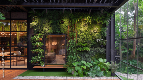 A high-end plant boutique with a green, living wall facade and a selection of exotic plants 