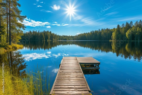 Traditional Finnish and Scandinavian view. Beautiful lake on a summer day and an old rustic wooden dock or pier in Finland. Sun shining on forest and woods in blue sky.