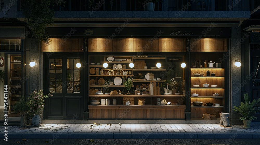 A luxury kitchenware shop with a cozy, wooden facade and inviting, warm lighting 