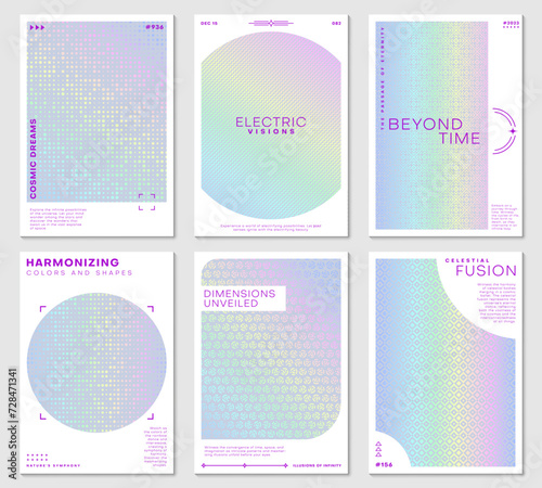 Hologram posters of rainbow glitter foil with hologram texture pattern, vector backgrounds. Holograph iridescent gradient or holographic pattern of neon glitter or chrome holography for poster, covers