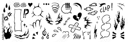 Set of anime emotion effect. Hand drawn texture and fur lines. Line movement vector element.	
