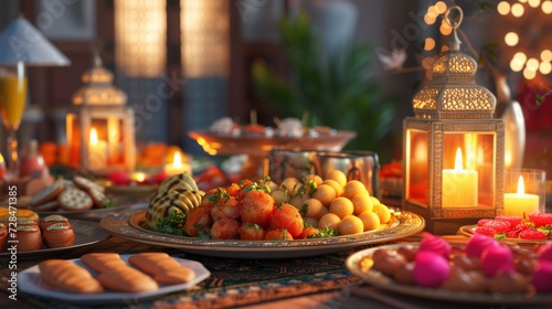 Ramadan Kareem Iftar table with festive traditional Arab dishes