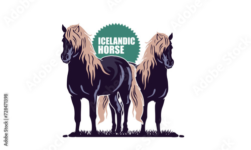 ICELANDIC GREAT STRONG HORSE STANDING LOGO, silhouette of big black long hair mare vector illustrations