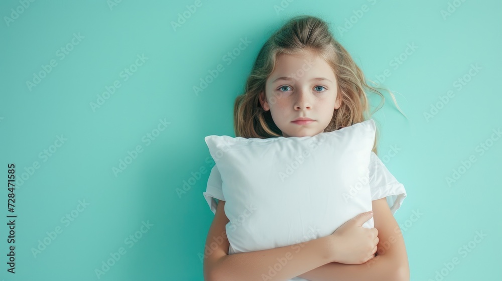 World Sleep Day. Beautiful little girl hugging pillow. Healthy night sleep concept. Bedding store banner template World Sleep Day. Beautiful little girl hugging pillow. Healthy night sleep concept. Bedding store banner template