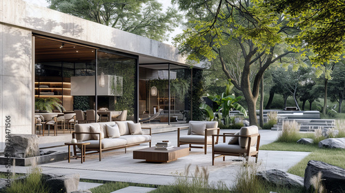 A luxury outdoor furniture showroom with an open, airy design and elegant, minimalist pieces  © AI ARTS