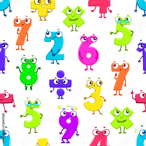Cartoon funny math number characters seamless pattern. Fabric or wallpaper, wrapping paper vector print with mathematics numbers, kids education digits or school math numeric symbols cute personages