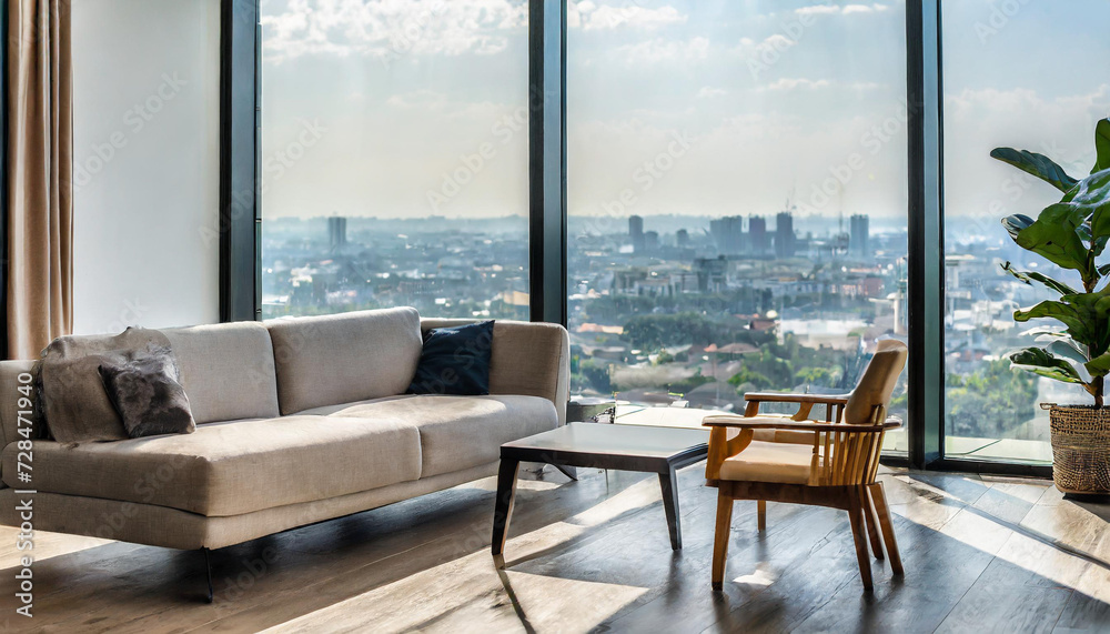 Modern Scandinavian home interior design characterized by an elegant living room featuring a comfortable sofa, mid century furniture, cozy carpet, wooden floor, white walls, and home plants