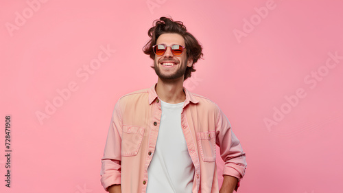 Stylish Man with Sunglasses on Pink Background. A fashionable young man with a trendy hairstyle and sunglasses smiling confidently against a vibrant pink backdrop. 