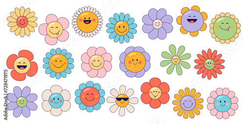 Retro groovy daisy sunflower cute happy flower characters. Vintage and funky flowers, cute chamomile happy smiling faces in sunglasses isolated vector cartoon personages set