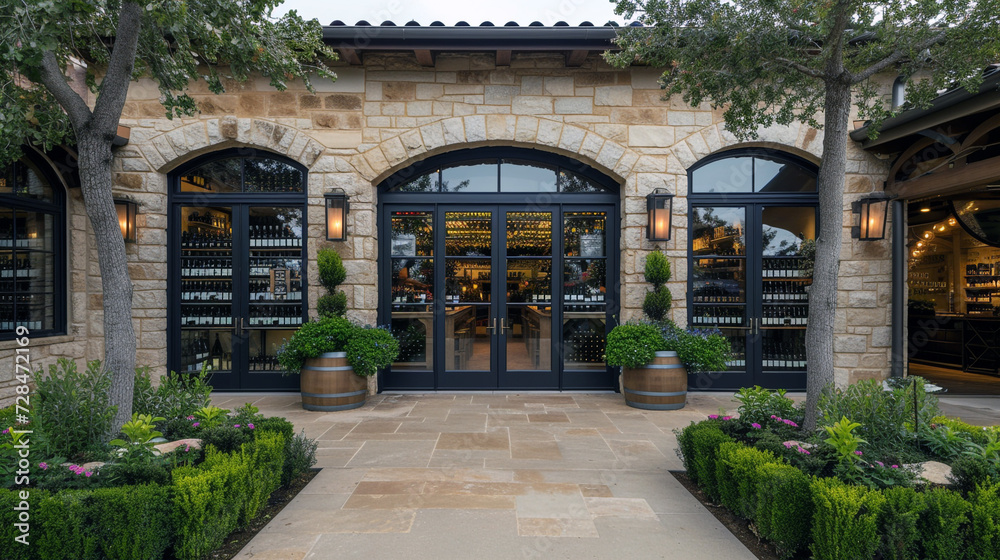 A premium wine shop with an elegant stone exterior and custom, wrought iron signage 