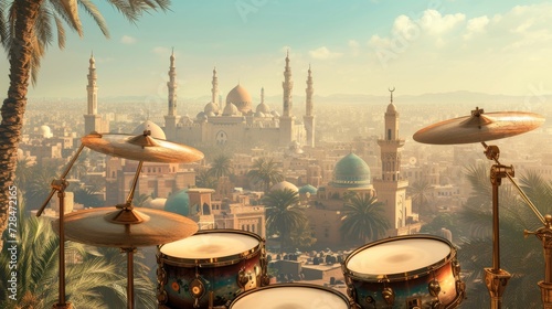 set of drums and cymbals in the foreground with a breathtaking view of an architecturally rich cityscape in the background photo