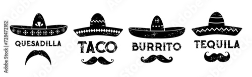 Mexican sombrero with burrito and quesadilla, taco and tequila, Mexico cuisine vector emblems. Sombrero grunge silhouettes with mustaches and latin ornament for Mexican food and drink bar signs photo