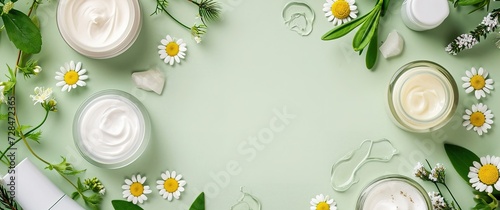 Natural organic skincare cream with chamomile flowers on green background photo