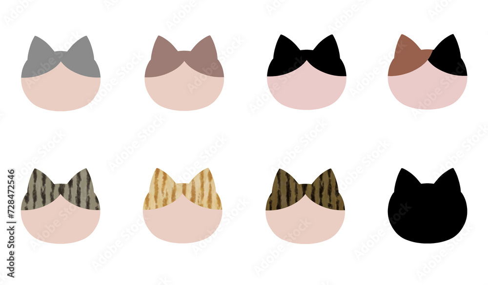 猫　アイコン　フレーム　セット　素材　模様　ハチワレ　三毛猫　キジ　黒　シルエット　あしらい　飾り　見出し　シンプル　おしゃれ　白バック　透過
