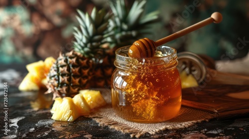 Hyperrealistic portrayal of honey and the tropical freshness of pineapples, displayed in a glass jar with a wooden spoon dipper, highlighting the succulence of the pairing