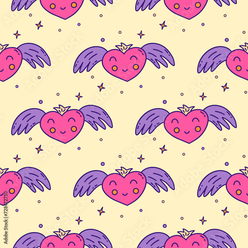 Seamless pattern with happy pink smiling heart with wings and crown. Stars around. Valentines Day. February 14th. Colorful vector illustration doodle hand drawn. Holiday love print