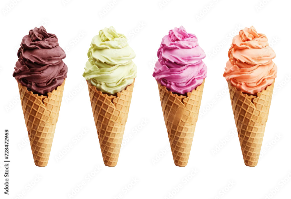 Assorted colorful of different flavors Ice Cream Cones Isolated on transparent background