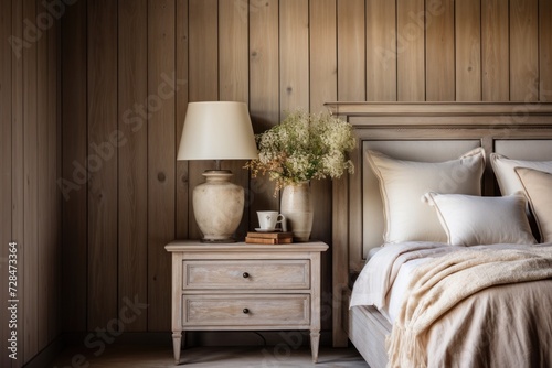 Bedroom interior with a wooden wall and a bedside table.