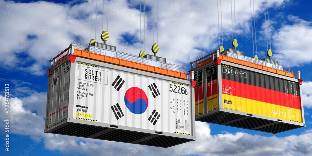 Shipping containers with flags of South Korea and Germany - 3D illustration