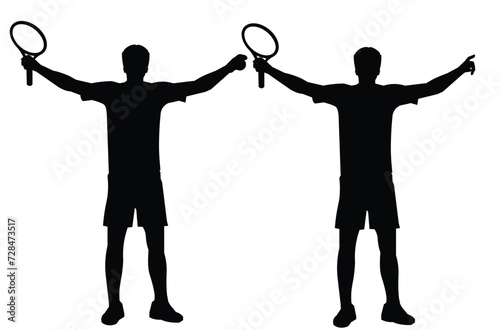 Two black silhouettes of the winning tennis player standing straight with his arms raised with a racket and a ball
