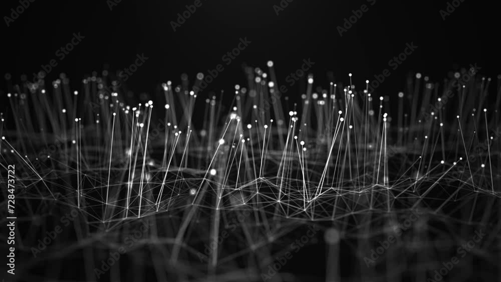 Network connection points and lines. Data technology illustration. Abstract background with dynamic wave. Plexus. Black and white background. 3D rendering. 4K animation