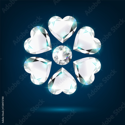  Flower made of bright diamonds of hearts. Geometric snowflake pattern. Valentine s Day, Women s Day, Anniversary, Romantic Congratulations. Vector realistic