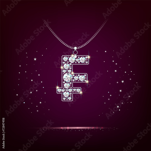 Jewelry - franc sign with diamonds. Pendant pendant on a chain.. Realistic style. Dark red background. Vector