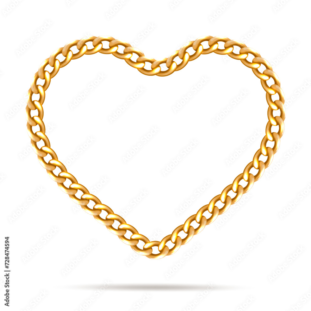 Heart shaped gold chain, banner with copy space. Isolated on white background. Realistic vector. Heart shaped gold chain, banner with copy space. Isolated on white background. Realistic vector.