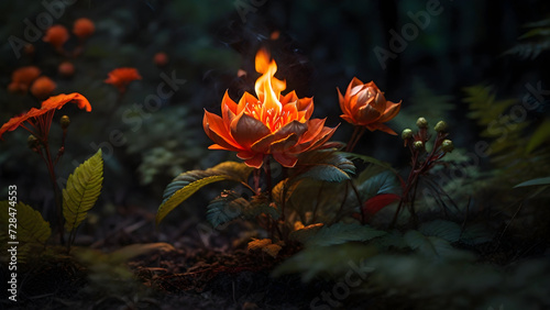 fire on green plant in a dark forest. creativity - beauty of nature. beginning of disaster or damage concept. burning plant in a jungle.  © Md Abidur Rahman