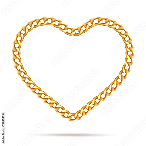 Heart shaped gold chain, banner with copy space. Isolated on white background. Realistic vector.