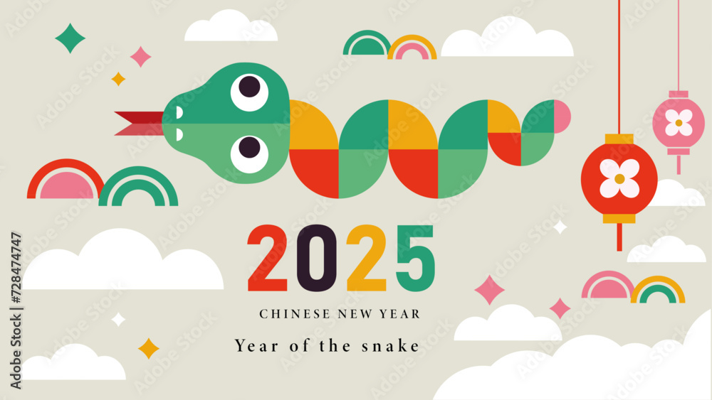 happy new year 2025, Chinese new year, year of the snake, Chinese zodiac snake in geometric flat modern style
