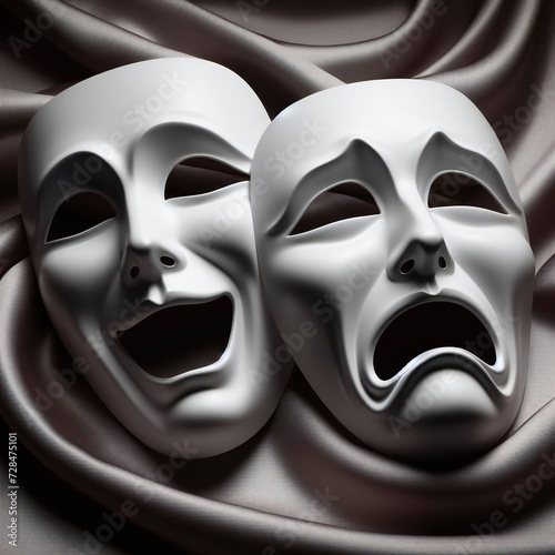 Two light theatrical actor's masks depicting different emotions lie on satin silk photo