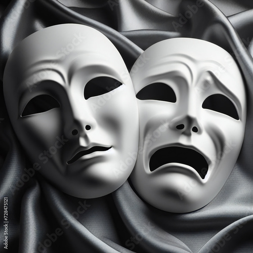 Two light theatrical actor's masks depicting different emotions lie on satin silk